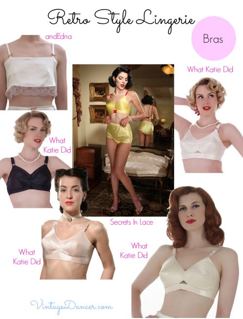 Vintage style bras. Whether you prefer the loose 1920s styles, or the structured styles of the 1950s, there is a type of bra for you at VintageDancer.com