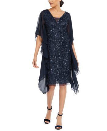 1920s party dress with sequins and chiffon draping in navy blue