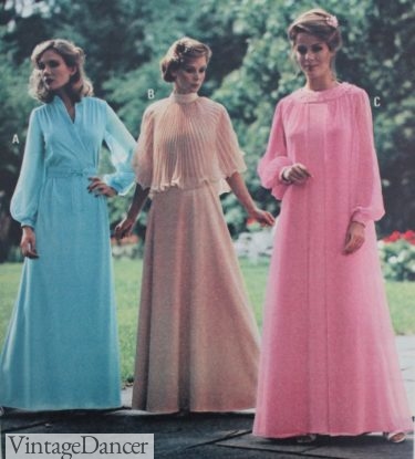1970s caped caftan gowns 1878 evening dress pink, blue and peach