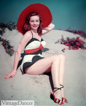 Jeanne Crain wearing a polka dot swimsuit