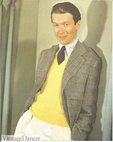1940s mens fashion - Jimmy Stewart wearing a 1940s yellow knit vest, sportcoat and cream trousers