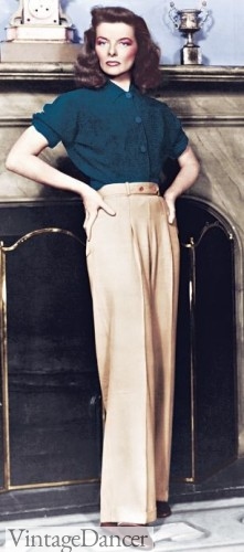 Womens 1940s pants, slacks, trousers history - Katherine Hepburn 1940s wide flowing pleated pants