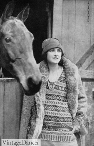 1927 Lady Dunn wearing v neck fair isle sweater at VintageDancer