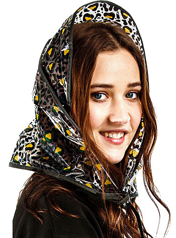 If the weather is rainy, don a clear rain bonnet to protect your hairdo, like this one from Plasticland.