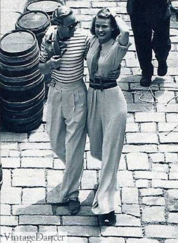 Leslie Howard wearing a striped t shirt and white pants, 1938