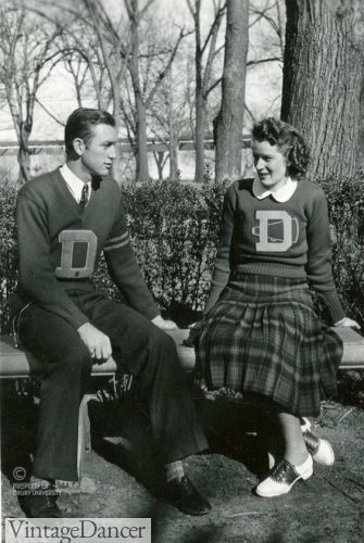 1930s mens and women's Letterman varsity sweaters with the big letter in the center. 