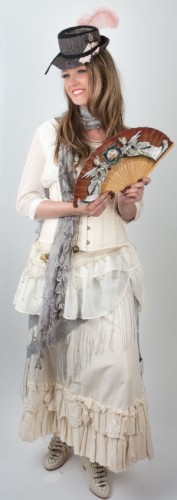 Steampunk meets boho bohemian costume. Layering skirts, scarves and a corset.