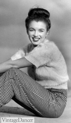 1940 a teenager Marilyn Monroe wears a fuzzy sweater