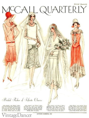 1928 drop waist and hanky hem skirt bridal gowns and bridesmaid dresses by McCalls patterns