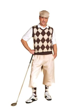 Classic mens 1920s-1930s golf knickers, vest, tall socks, flat cap and sport shirt