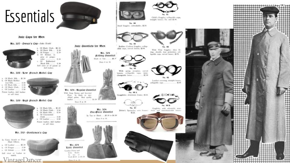 Edwardian men's motoring accessories: gloves, googles, hats, duster coats 1900s-1910s at VintageDancer