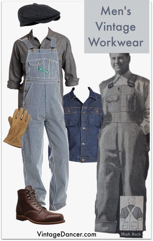 Men's Vintage Workwear- 1900-1940s- striped overalls, wool flannel shirt, denim jacket, cap, gloves and sturdy work boots. 