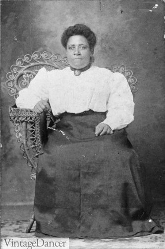 1905 Miss Leah Pitts black plus szie Edwardian woman skirt blouse outfit