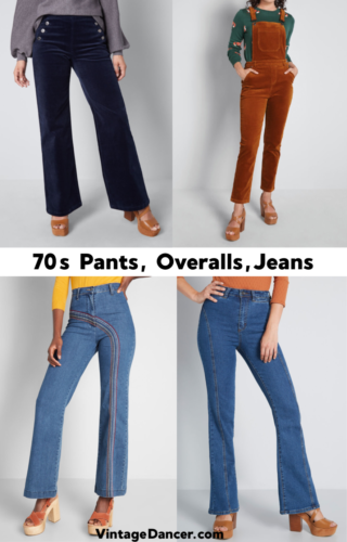 70s pants and jeans. High waisted cords and overalls, flare jeans are back in style.