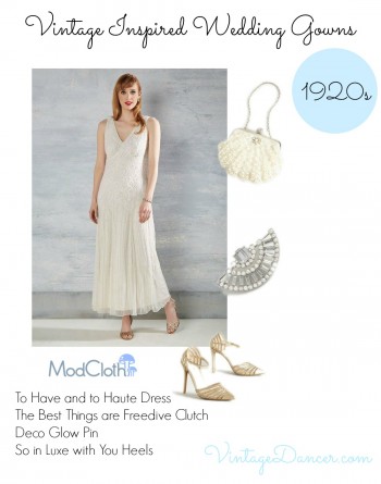 1920s inspired wedding dress, shoes and jewelry at Modcloth via VintageDancer.com 