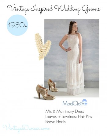 1930s inspired wedding dress, shoes and jewelry at Modcloth via VintageDancer.com 