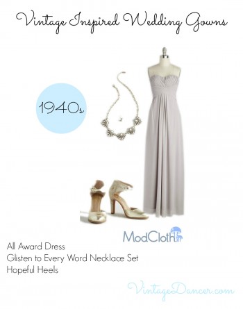 1940s inspired wedding dress, shoes and jewelry at Modcloth via VintageDancer.com 