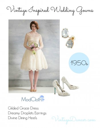 1950s inspired wedding dress, shoes and jewelry at Modcloth via VintageDancer.com 