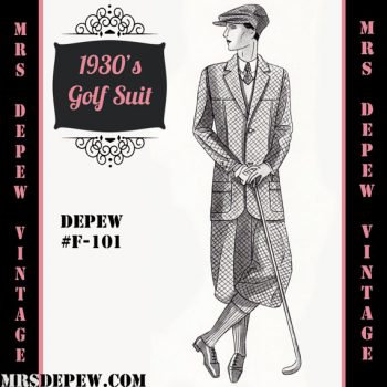 Mrs Depew pattern include many men's choices such as this golf suit with plus fours! Find more men's vintage sewing patterns at VintageDancer.com