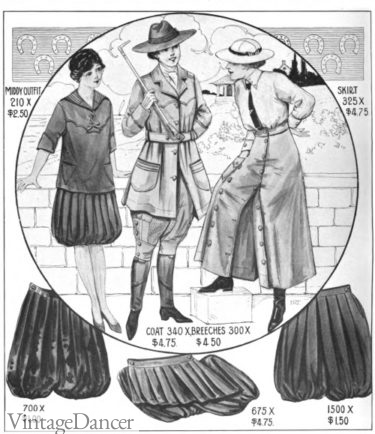 1917 bloomer suits, sport togs and divided skirt sport outfits