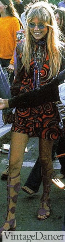 60s hippie fashion Pattie Boyd-Harrison ethnic print dress, purple gladiator sandals