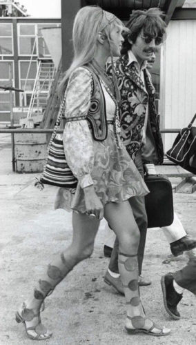 (1967) Pattie Boyd embraced the hippie spirituality and its eccentric, Eastern inspired fashion.