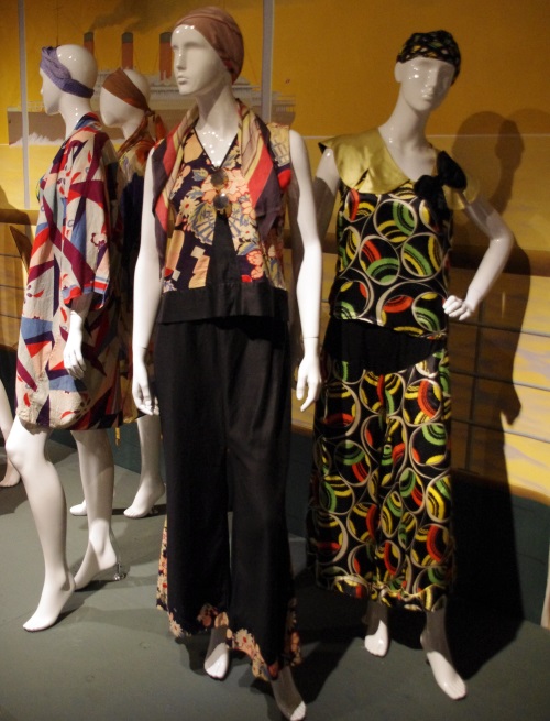 Late 1920s vintage beach pajamas on display at the London Fashion & Textile Museum