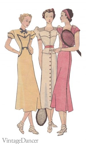 Women wearing tennis dresses with ankle socks in 1937.