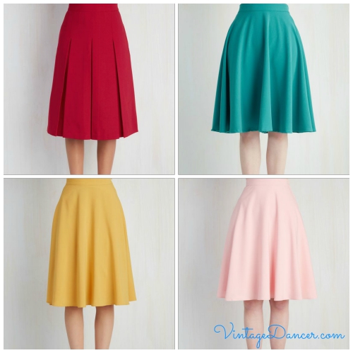 Bright Colours from Modcloth- Pleats, A-line, circle skirts all that vintage styling.