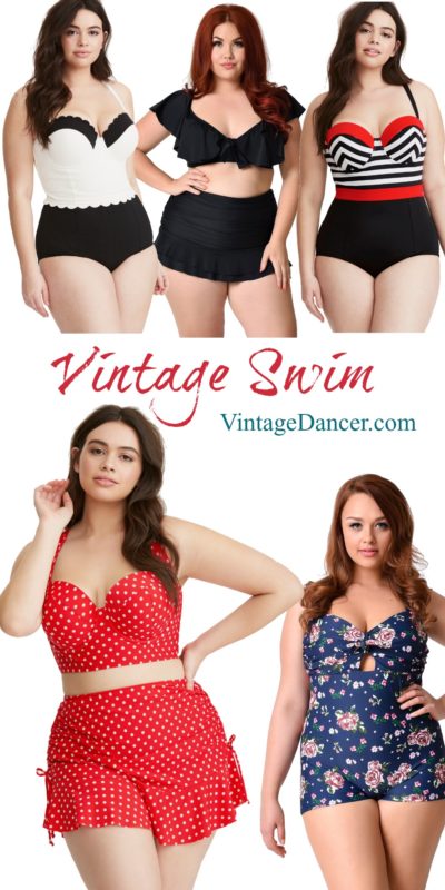 Plus size retro swimsuits vintage plus size bathing suits two piece one piece bikini curve pinup at vintagedancer