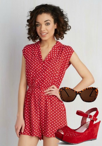 Modcloth's polka dot romper paired with red wedges and shell sunglasses is very 1940s. VintageDancer.com/1940s