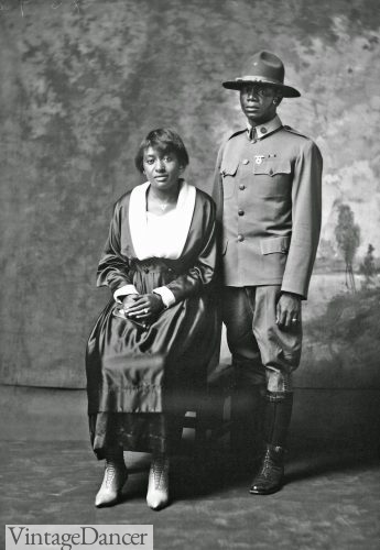 1918 Portrait of Soldier, William Jackson, M.s.s. and wife WW1 military uniform for black men man wife's dress sitting