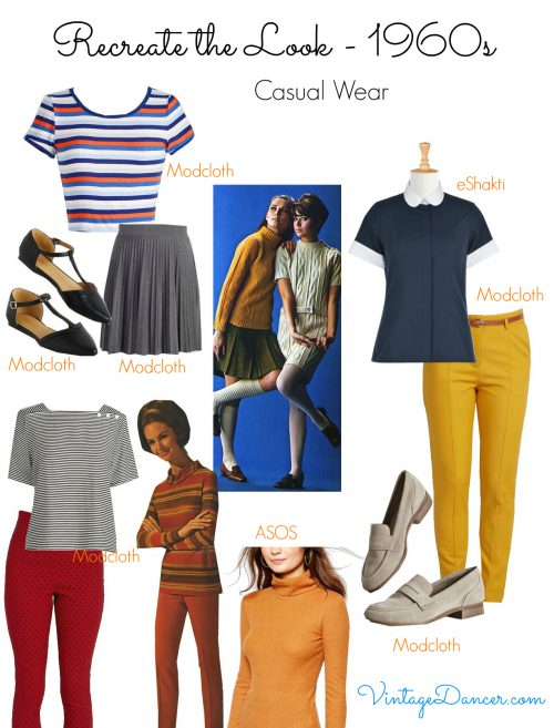 1960s style clothing- casual relaxed looks with simple, colorful pants and tops and comfy flats. 