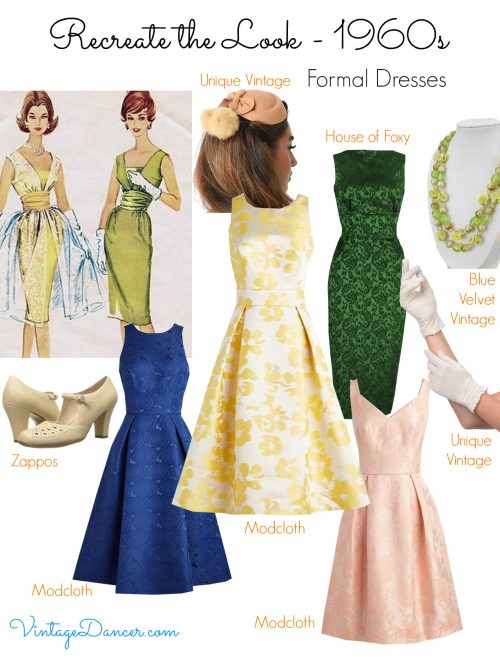 Look out for rich luxurious fabrics with an A-line silhouette for an early 1960s style. Shop VintageDancer.com/1960s