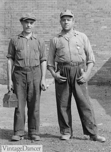 1930s men Steel Workers wearing cotton pants and shirts