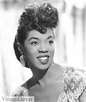 Sarah Vaughan, 1955, curly hair top with straight chignon back wig