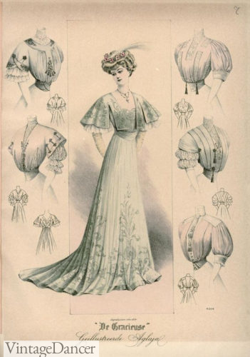 Illustration of 1907 shirtwaist bodice dinner dress by De Gracieuse Edwardian