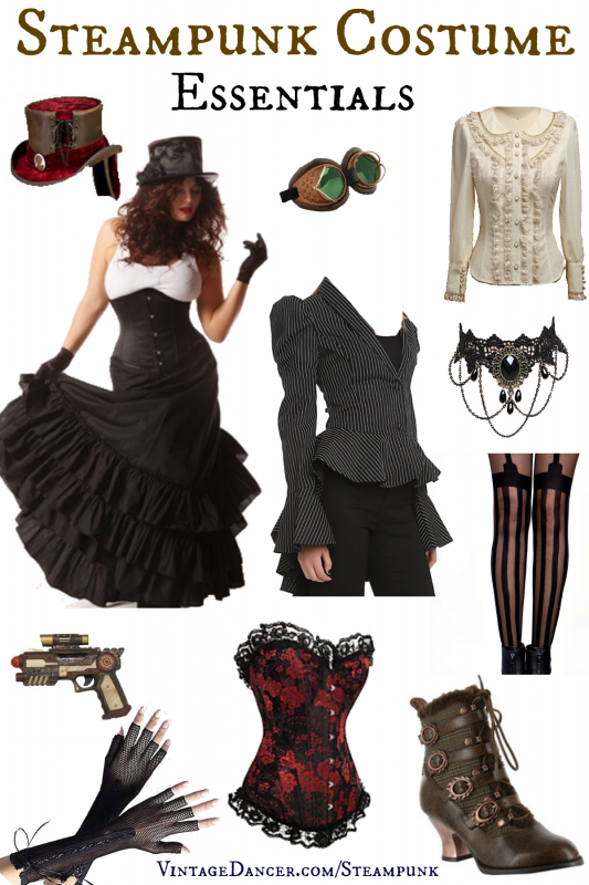 Steampunk costume essentials. What you need to mix and match your way to a unique Steampunk costume. Plus where to find great Steampunk style clothing. VintageDancer.com/Steampunk