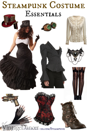 Steampunk costumes essentials for women. Skirt, blouse, vest or corset, top hat and books are just a few pieces you need. Shop them at VintageDancer com