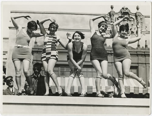 1920s Dancing in rolled stockings swimsuits for a bathing beauty contest at VintageDancer