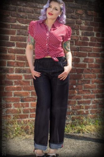 Dark denim jeans and a tie blouse Vintage pinup camping outfit