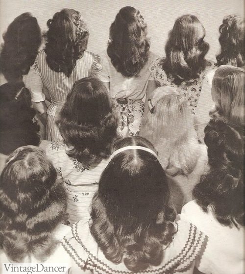 1940s long hairstyles. Young teen and women's long hair with a simple center part.