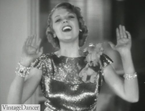 Lots of sparkle and shine 1930s jewelry in this movie costume from The Gay Divorcee, 1934.