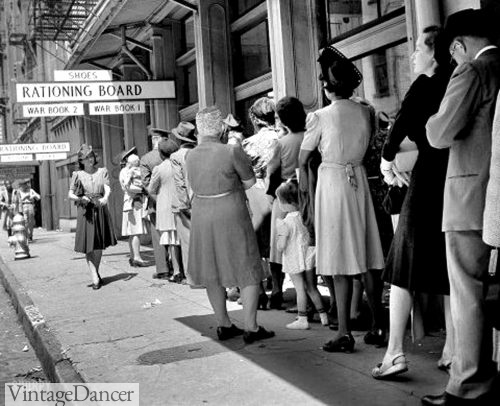 March 1943. New Orleans, Louisiana. Line at rationing board WW2 fashion history 1940s