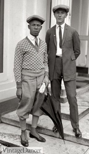 Thomas W. Miles and Simon Zebrock of Los Angeles - 1924 teenage boys in (L) knicker pants with sweater and (R) skinny "Jazz" suit. Both wearing flats caps or "newsboy" caps