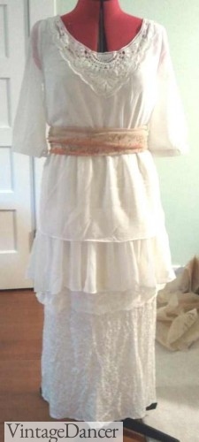 Titanic dress costume - A short layered chiffon dress with lace top layered over a long white chiffon skirt. A scarf creates the sash.