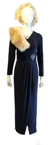 This draped evening gown with fur shawl has a Titanic era feel