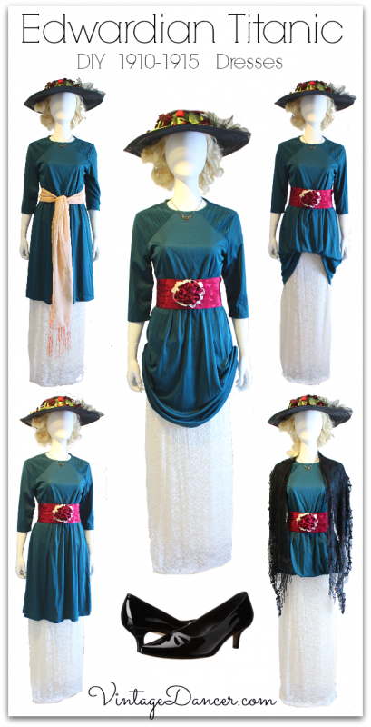 Create a Edwardain 1910-1915 Titanic era costume. Simple, easy DIY tehcniques suing two dresses gathered different ways. Learn how at VintageDancer.com