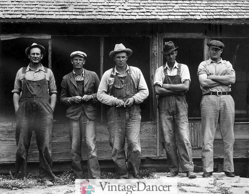 1930s mens workwear Texas tenant farmers displaced by power farming 1937 - overalls, shirts and various hats