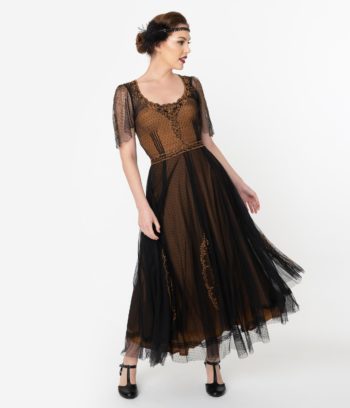 Romantic black evening dress in the WW1 style fashion era